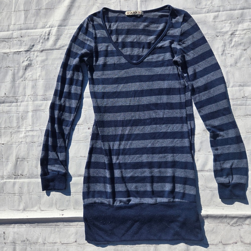 Y2k long lined deep v neck Striped Long Sleeve tunic Top Blue Banded Hem Small